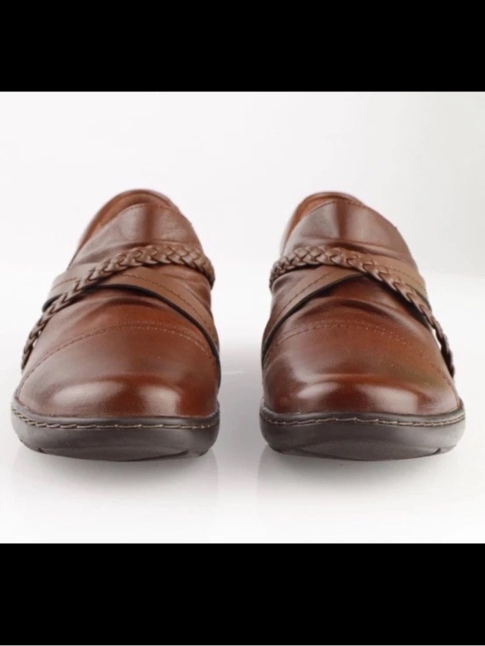 Clarks Women’s Cora Braid Loafer Shoe 9.5 M Cognac Tan Leather Slip On Flat NEW
